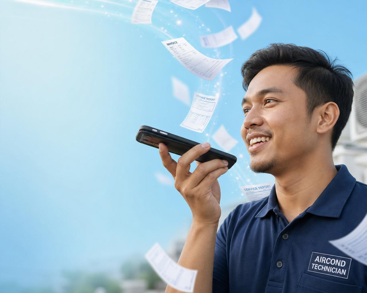 Technician aircond Malaysia senyum sambil cakap ke phone, resit dan invois auto-generate terbang di udara